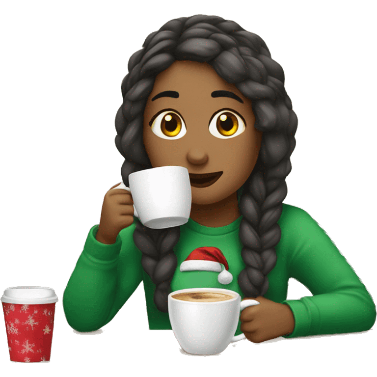 Girl drinking a coffee in a Christmas ￼ emoji