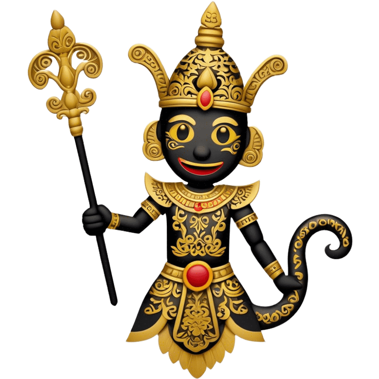 Cinematic Realistic Wayang Kulit Emoji, depicted as an intricate shadow puppet with detailed cut-out figures and traditional patterns, rendered with crisp textures and dynamic cultural lighting that captures its ancient artistry. emoji