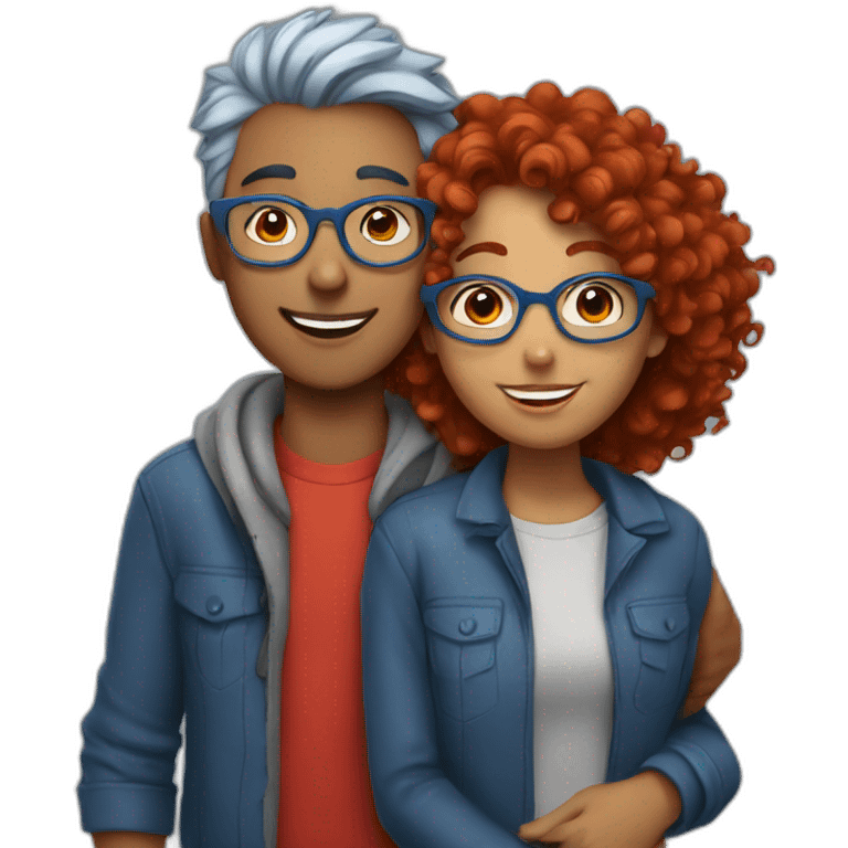 a girl with red curly hair and blue glasses hugging a boy with gray hair emoji