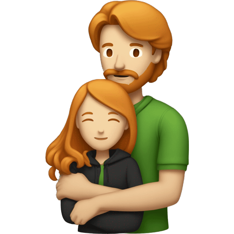 Couple hugging, tall ginger man with a mustache and a green hoodie, hugging tan girl with long black hair  emoji