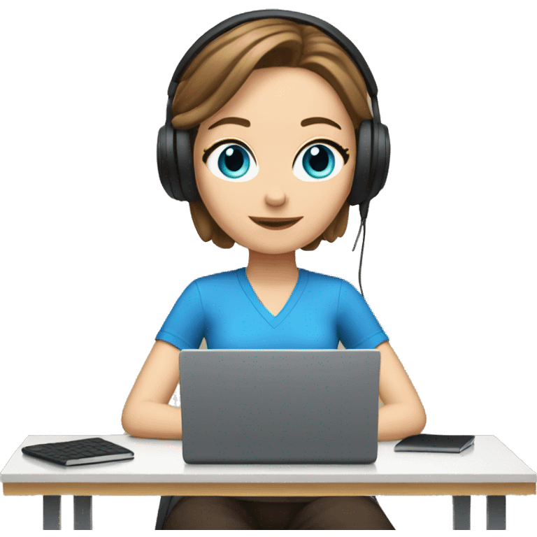 white girl at desk, brown hair, blue eyes, computer, headphones emoji