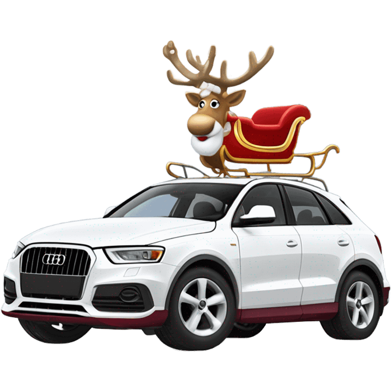 A white Audi Q3 as Santa Claus’s modern sleigh, harnessed to a reindeer with a red bridle and golden bells, set in a snowy winter scene. emoji