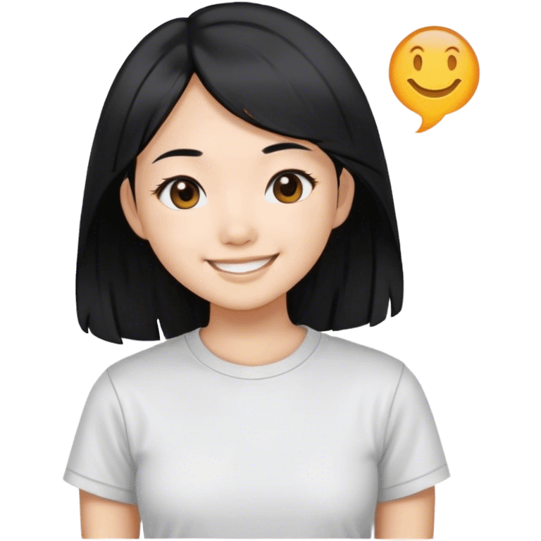 an asian girl with straight black hair, slight waves, smiling, wearing tshirt emoji