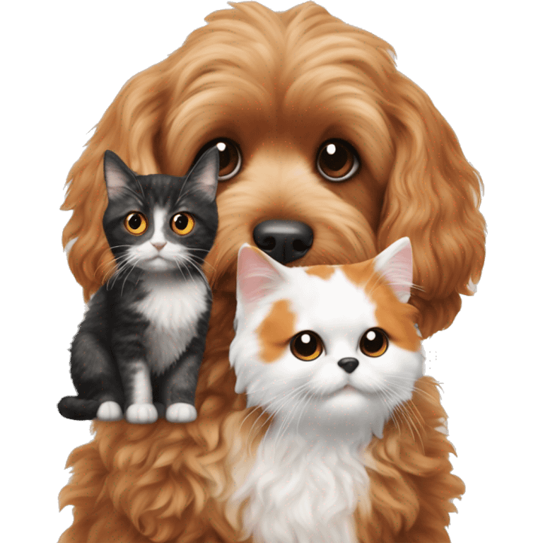 cavapoo dog next to a cat with black orange white colored fur emoji