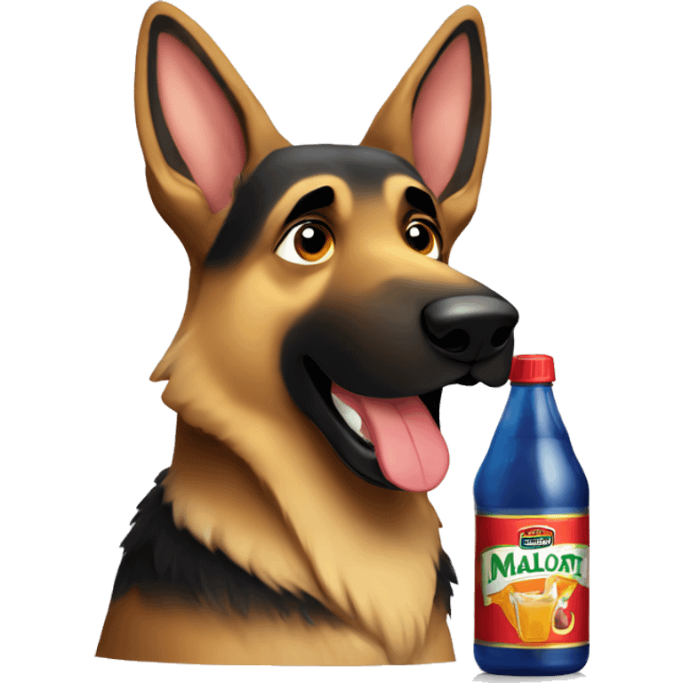 German shepherd drinking from a bottle of malort emoji