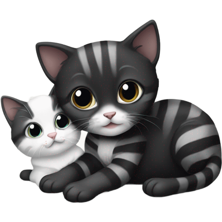 Black kitten playing with striped grey, white, and black kitten emoji