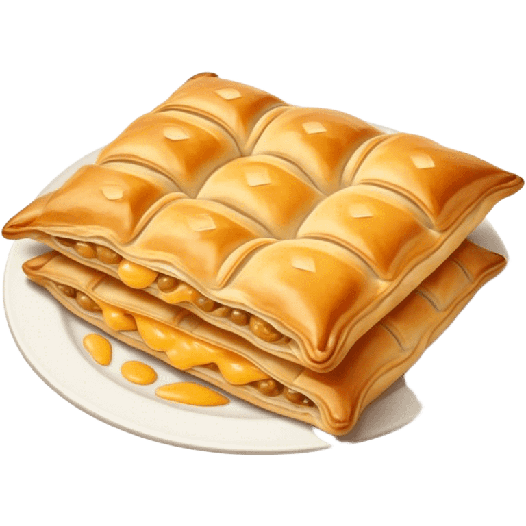 Cinematic Realistic Burek sa Sirom Dish Emoji, showcasing a flaky pastry filled with cheese rendered with crisp textures and appetizing, warm lighting. emoji