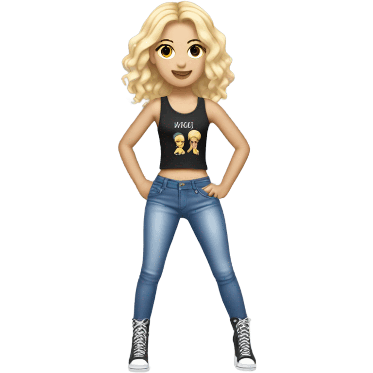 A blonde girl with short hair wearing a Shakira lace up croc top and short jeans and high heels  emoji