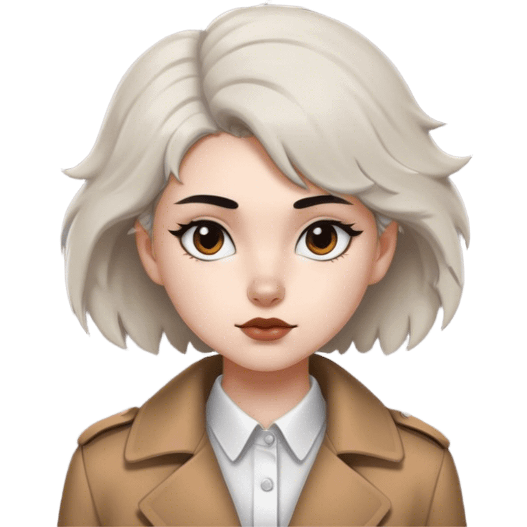 A girl with a wolf haircut, white skin, black eyes, a mole next to her left eyebrow, wearing a white shirt with a brown coat. emoji