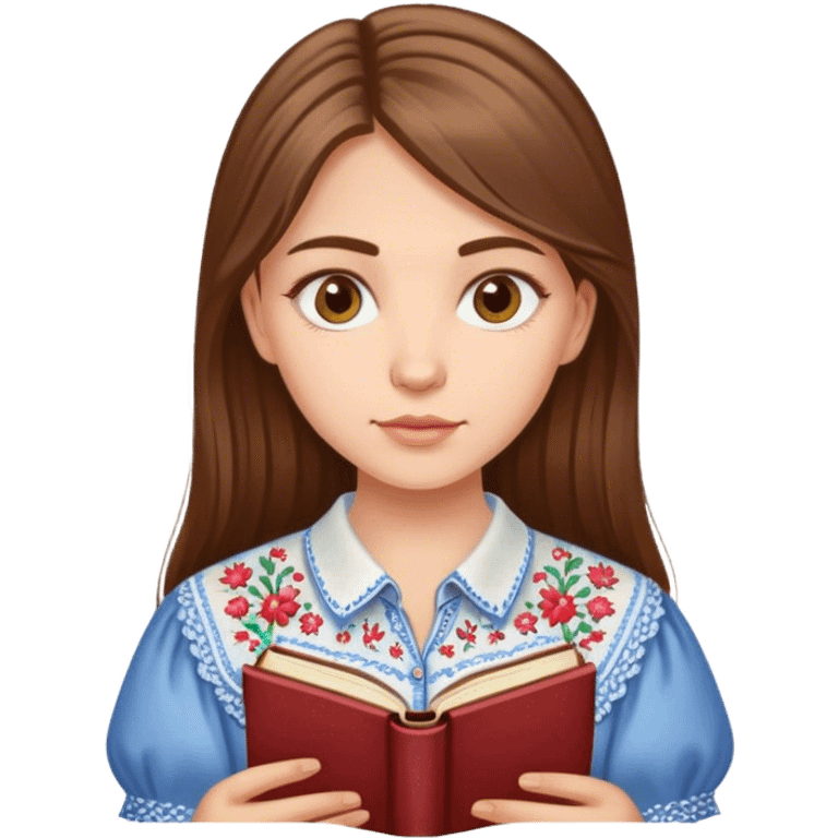 A Ukrainian girl with brown hair in an embroidered shirt reads a book emoji