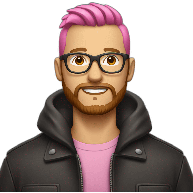 white man with brown beard and pink mohawk haircut and thick glasses wearing a leather coat emoji