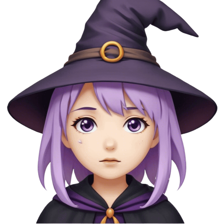 cute anime girl with lilac hair in a witch hat with a tear running from her eye emoji