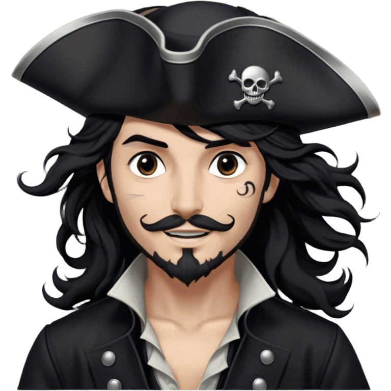 A charismatic pirate with wavy black hair tousled by the breeze. His silver-embroidered tricorn hat casts a shadow. Dark eyes glint with mischief as he looks to the side, a knowing smile on his lips. His black coat, adorned with silver buttons, shifts with the wind emoji