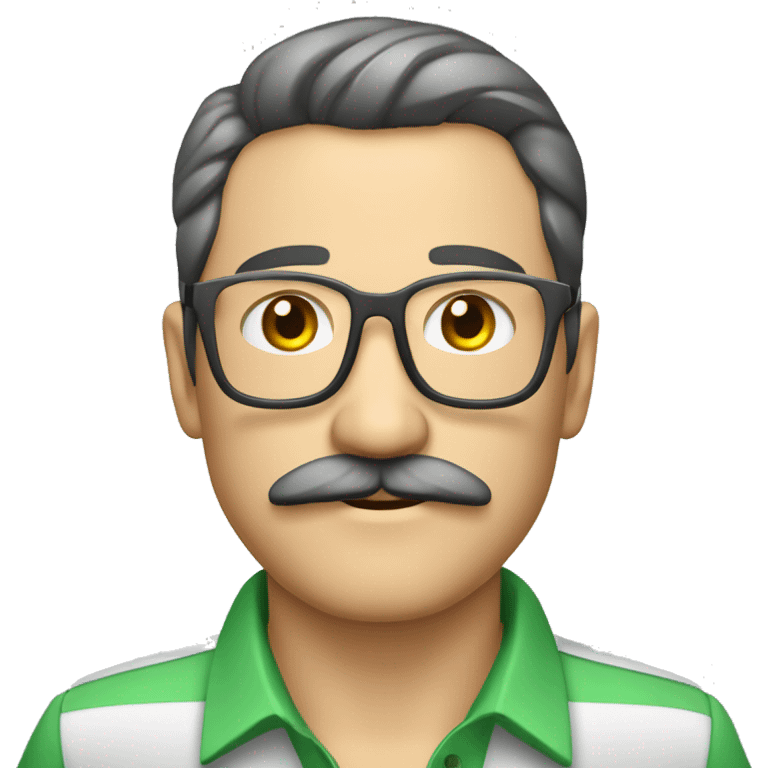 señor sin bigote con cabello corto, cabello color gris, camisa blanca de vestir y lentes verdes de aumento  emoji