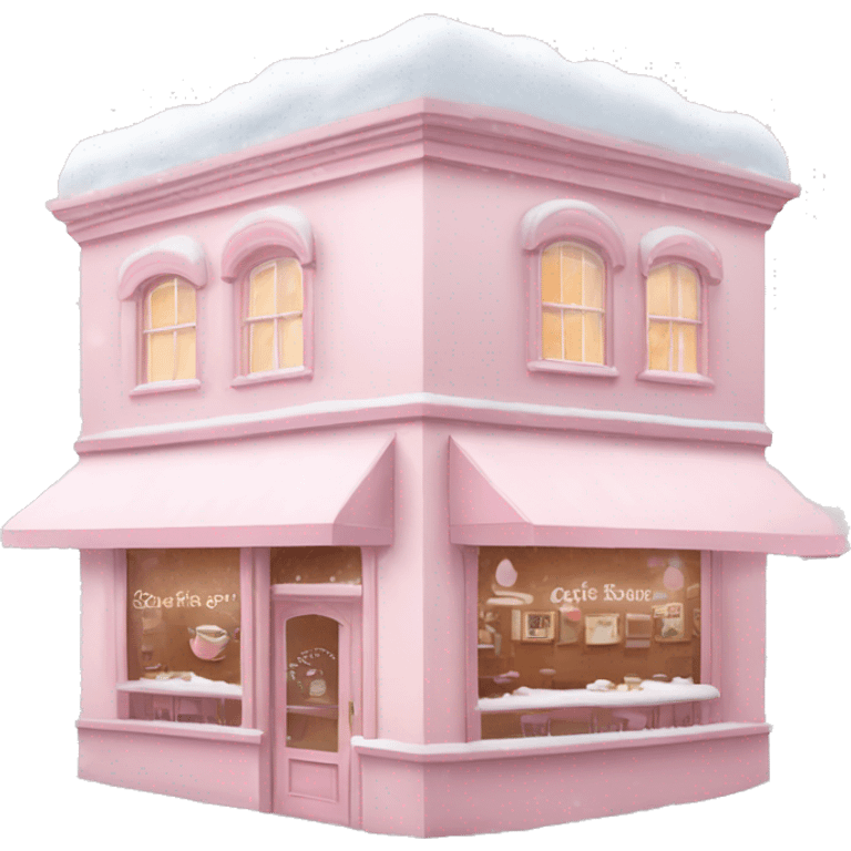 pale pink coffee shop covered in snow heart emoji