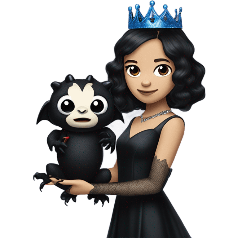 relaxed low-cut back silk black evening gown with lace gloves, Jenna Ortega as Addams woman prom queen wearing a mini tiara, very large blood blue evil-looking horned old dragon hand puppet emoji