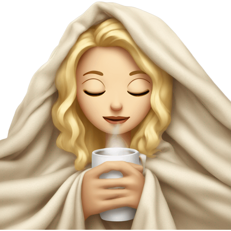 blonde girl inside a blanket sipping coffee eyes closed emoji