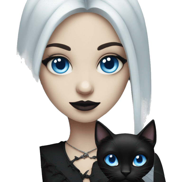 goth girl with blue eyes and black cat emoji