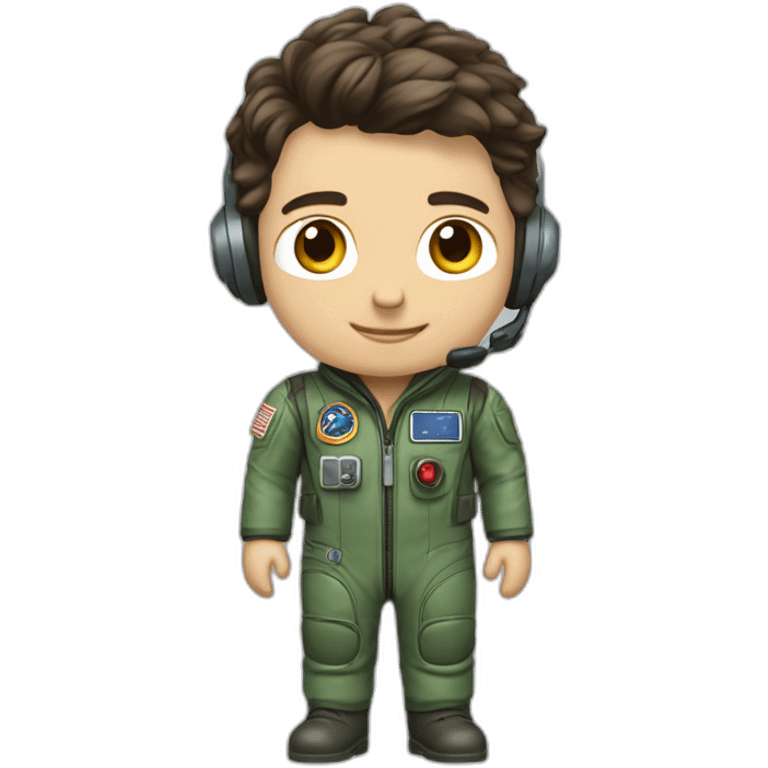 A young white male tennager with dark brown hair and brown eyes in a pilot suit and wearing a green Pilot headset emoji