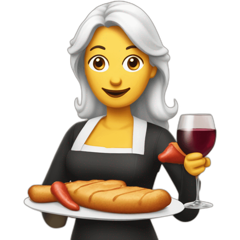 Frenchwoman with wienerschnitzel and wine emoji