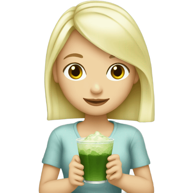 Blonde girl drinking an iced matcha emoji