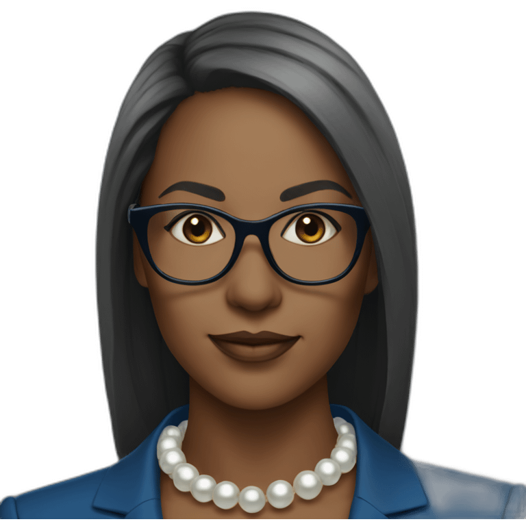 black woman ceo, black glasses, blue blazer, pearl necklace, straight hair emoji