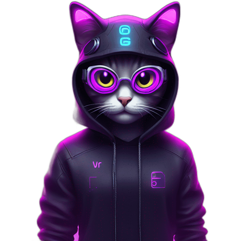 funny cat wearing a black hoodie with "OMG" letters on it and VR headset in a cyberpunk VR environment with violet neon lighting. emoji