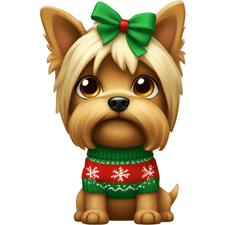 Yorkshire dog with a small bow on the head wearing chistmas sweater  emoji