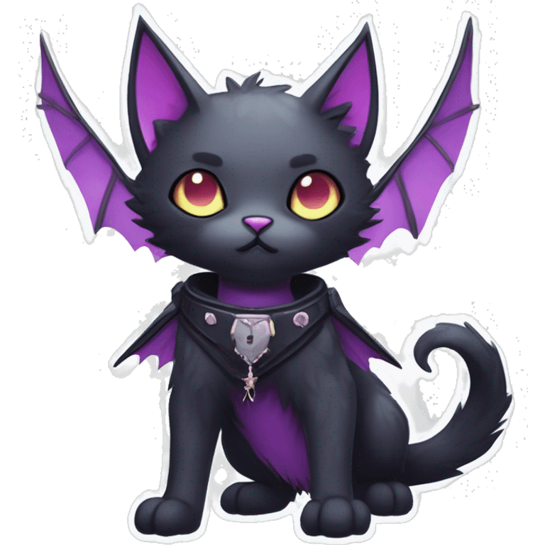   cool edgy kawaii ethereal dark-punk-themed animal vampiric cat-hybrid Fakemon with fangs and bat-wing-ears with a collar full body emoji