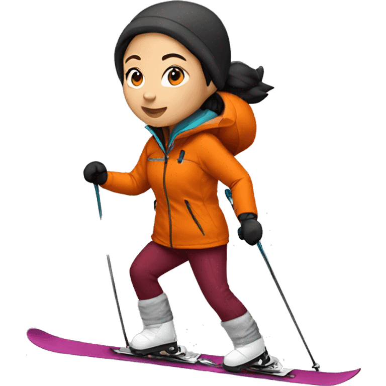 Asian girl skiing with orange jacket and burgundy pants emoji