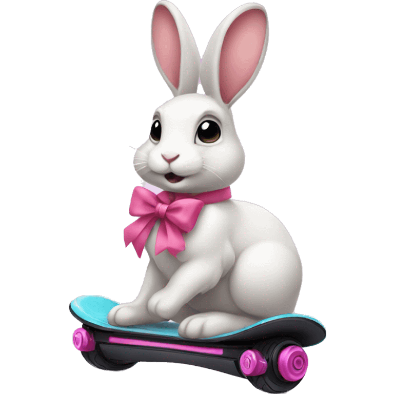 Rabbit with pink bow riding a hoverboard emoji