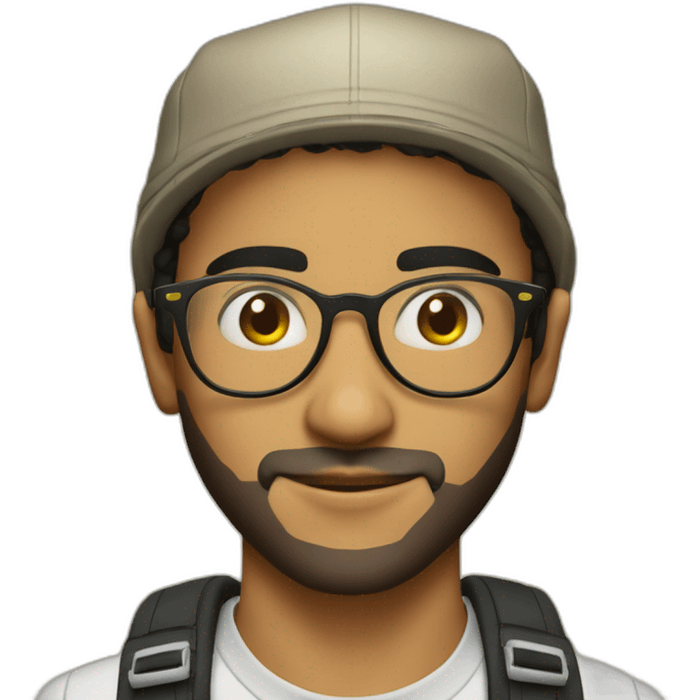 young arab man no beard with fishing hat, clear gold glasses and pro camera emoji