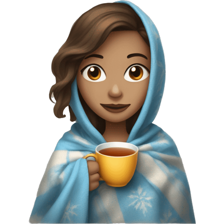 Girl with brown hair, light skin and blue eyes drink a hot tea with a blanket emoji