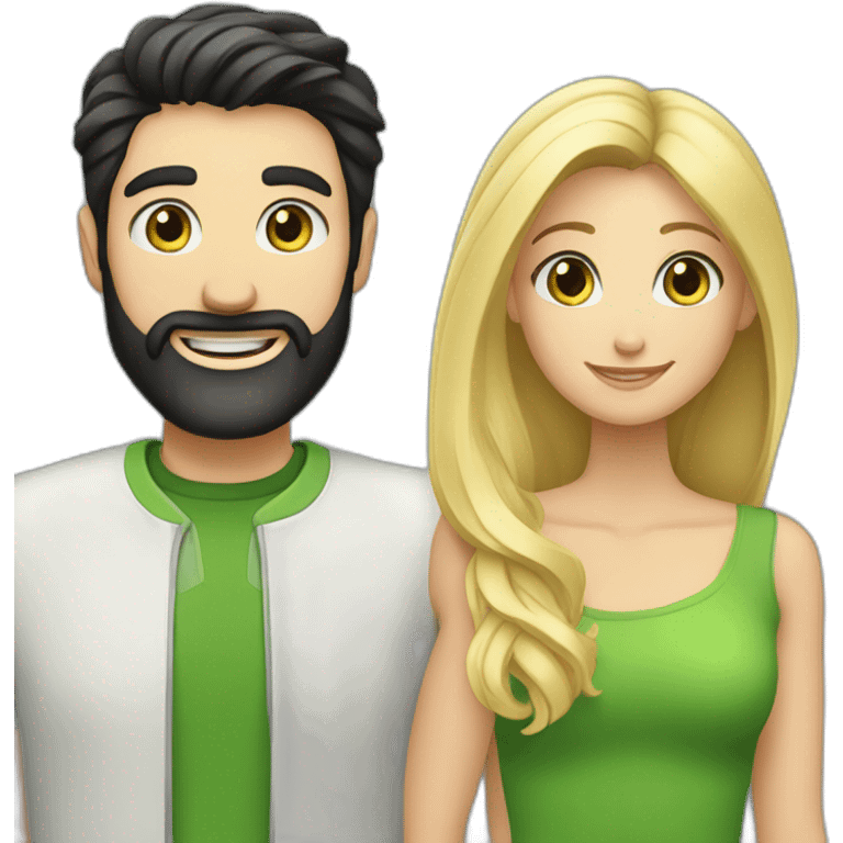 A happy couple, blond girl with blue eyes and black haired and bearded man with green eyes emoji