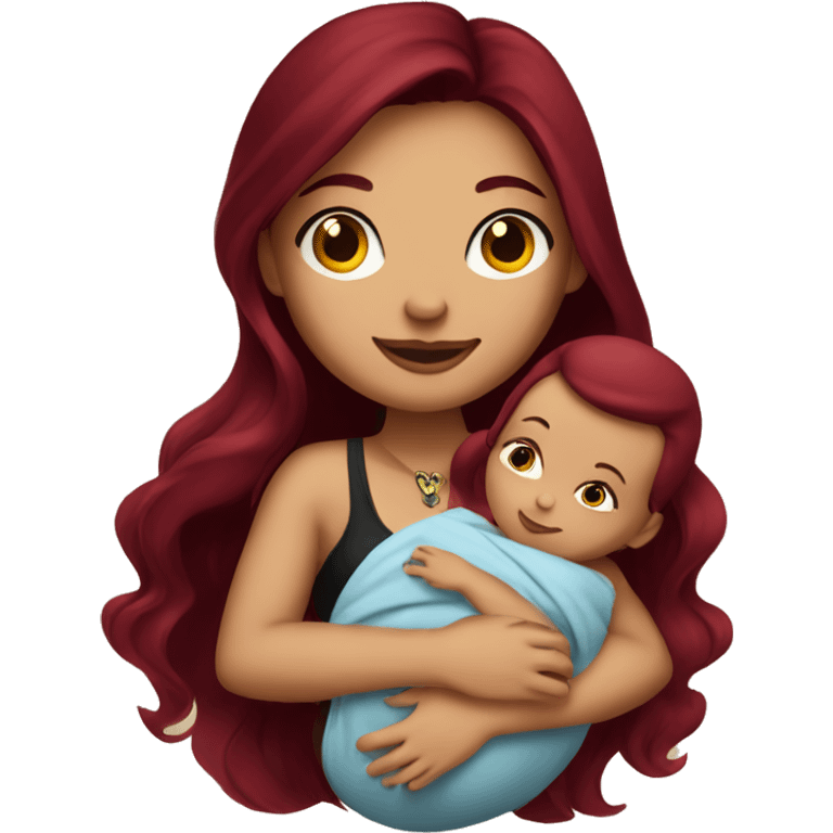 Beautiful tattooed burgundy long haired woman holding a baby emoji