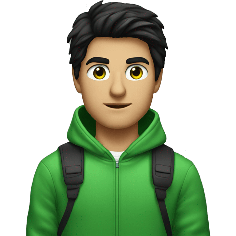 A young man with black hair, a Tom Cruise hairstyle, and green eyes. Wearing a green hoodie. Programmer emoji