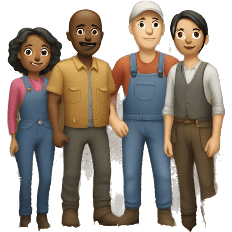 barn with two farmers, one male and one female and some customers of various ethnic backgrounds emoji