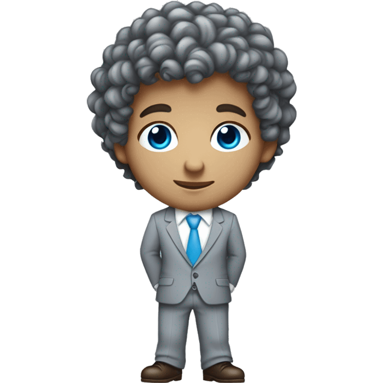 Little young  gentleman wearing a grey suit with white shirt and baby blue tie with blue eyes , white  skin and brown curly hair and full body . Wearing a watch  emoji