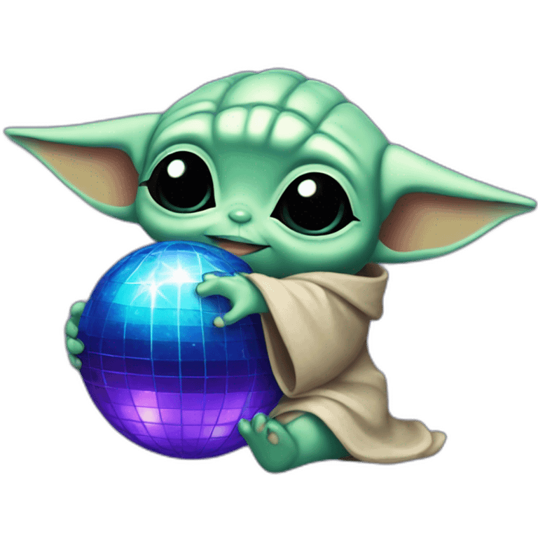 Baby yoda hugging a blue and purple disco ball emoji