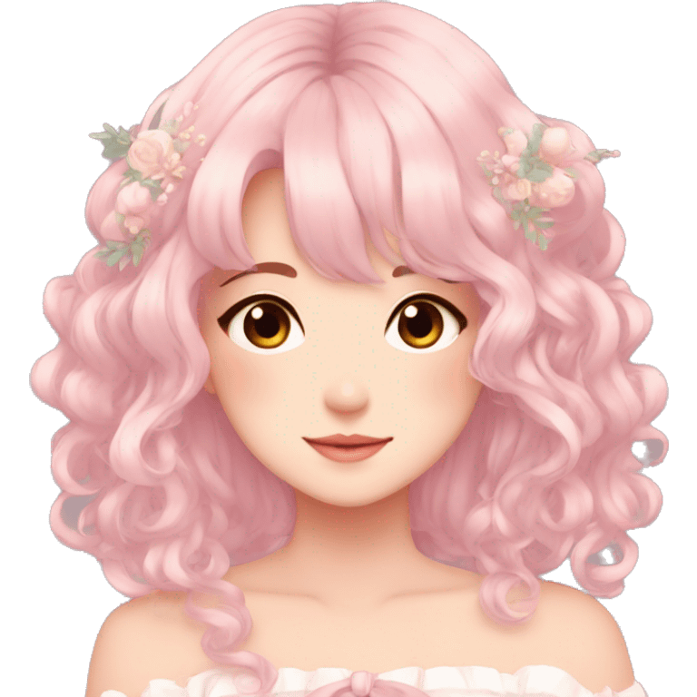 Gorgeous pastel anime style lady with blushing face and hair garnitures and pretty hair aesthetic trending style emoji