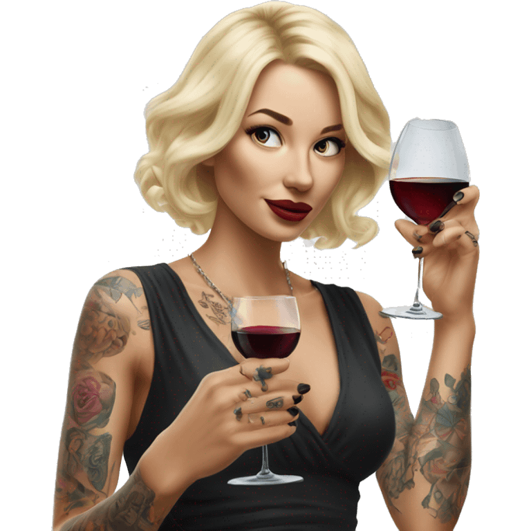 Blonde elegant women, her body covered with tattoos, wine in her one hand, pointing on you with her other hand , Hyper realistic emoji