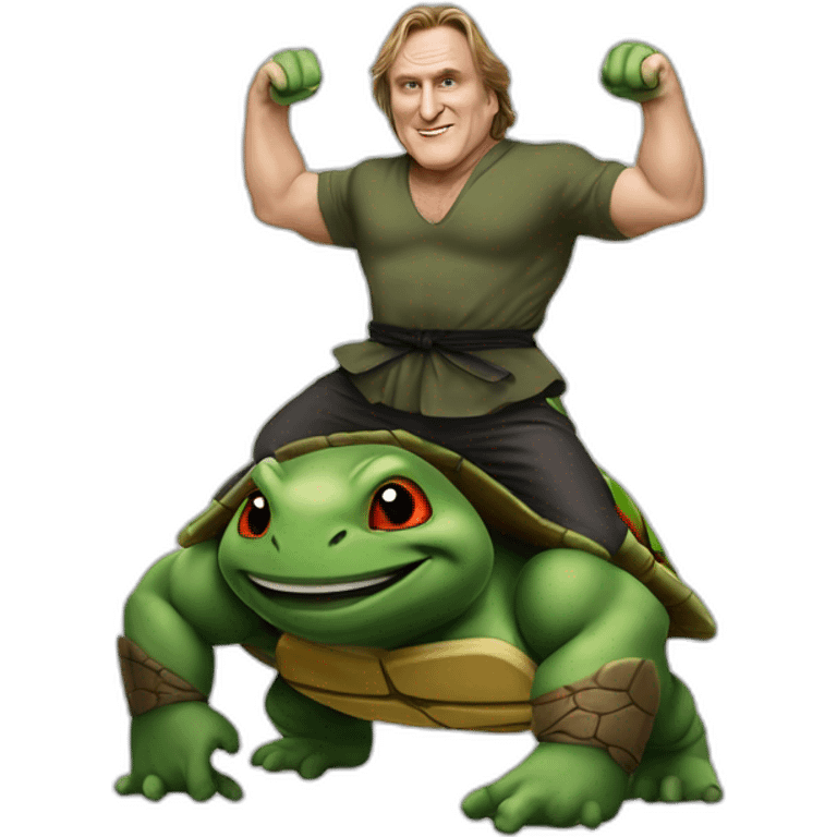 Gérard Depardieu lifting with a ninja turtle emoji