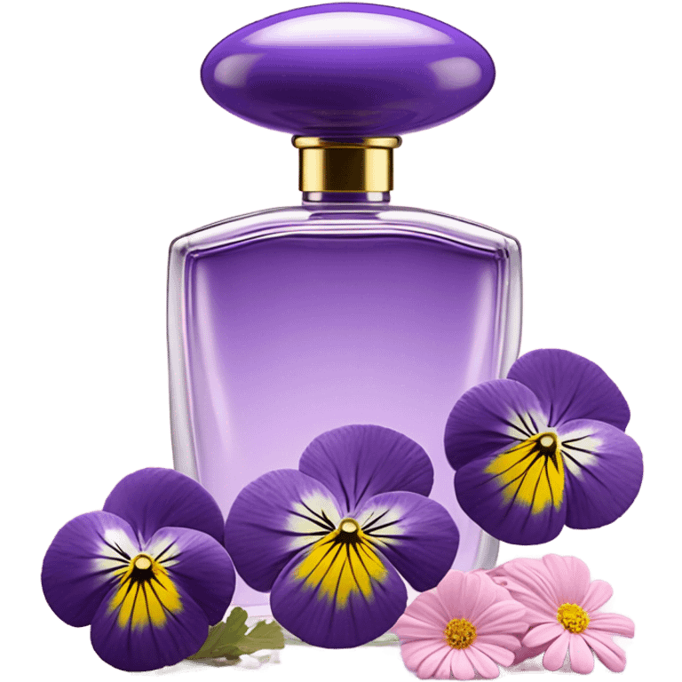 composition of aesthetically pleasing purple pansies, pastel pink daisies and a rosy vintage-style perfume bottle emoji