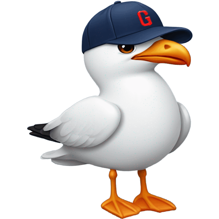 Seagull with wearing navy color baseball cap emblazoned with a red G initial emoji