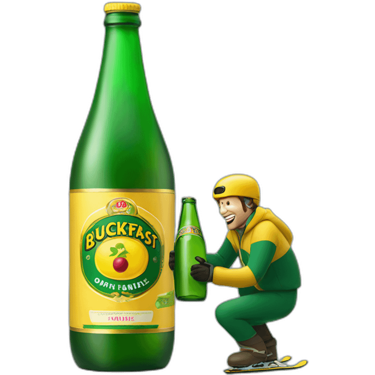 Man ski grinding over a giant green bottle of buckfast tonic wine with yellow label emoji