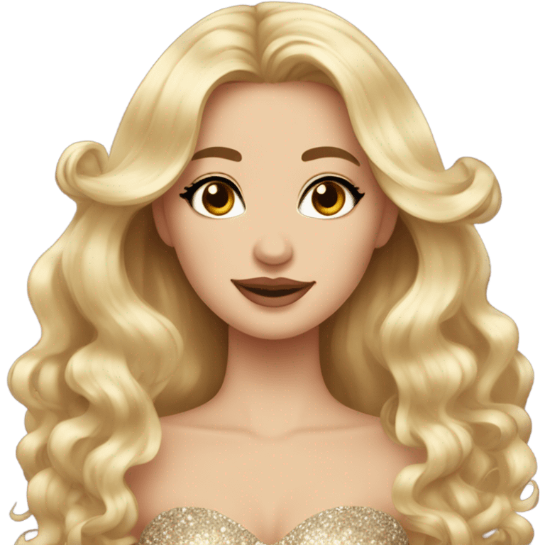 Gorgeous blonde woman, brown eyes, long wavy hair with bows, wearing a sparkly gown emoji