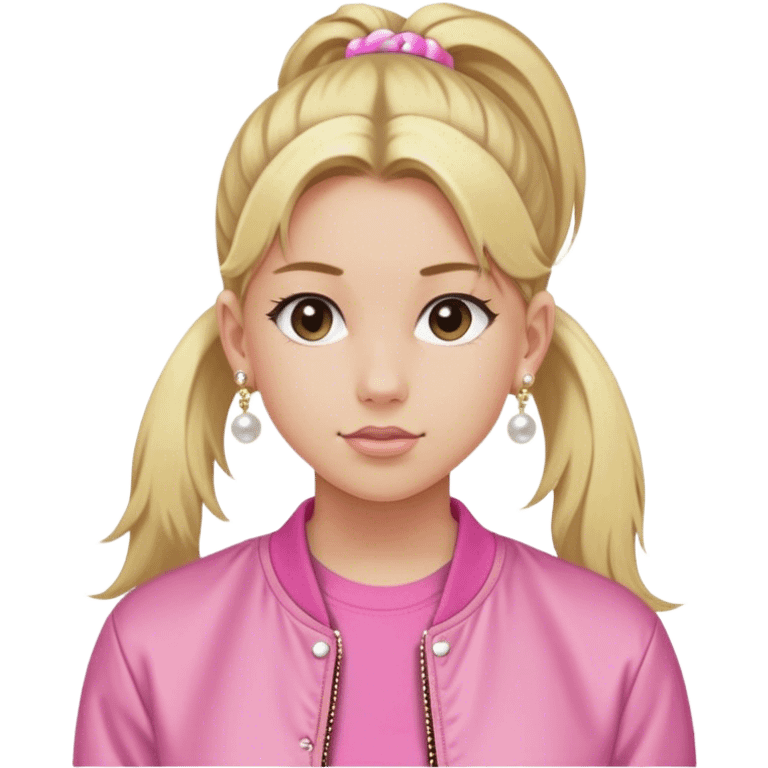 High school white girl with long blonde hair hair tied into a ponytail. Wearing a pink tee shirt with a bomber jacket and pearl stud earrings. She’s also wearing a short, dainty and girly (maybe 16”) gold chain emoji