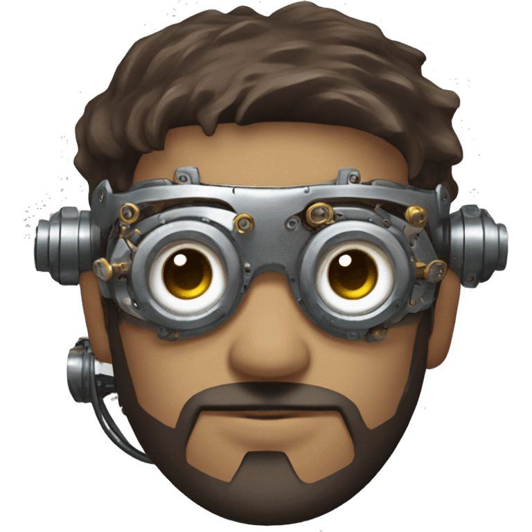 male cyborg head with brown short hair, brown beard, silver steampunk goggles and circuitry emoji