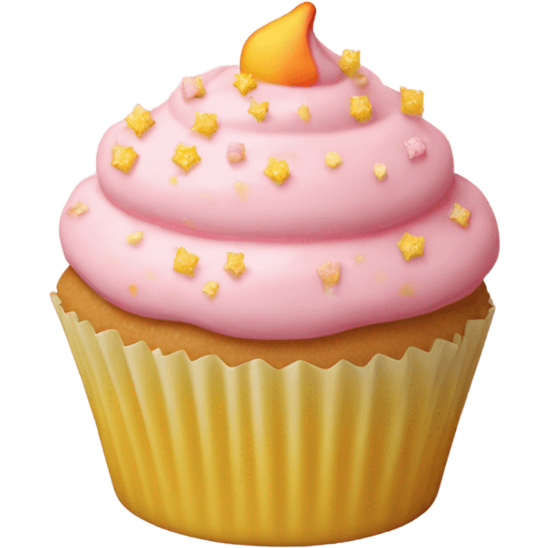 realistic cupcake with light pink frosting and light yellow cupcake wrapper and peach sprinkles and yellow sugar sprinkles… no fruit on top of cupcake emoji