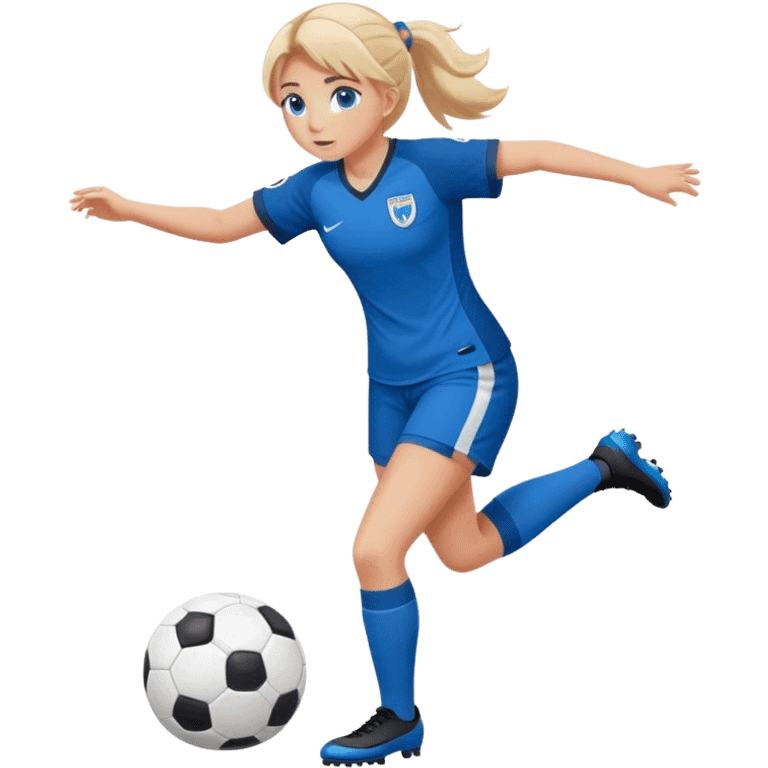 Blonde girl blue eye playing soccer in blue uniform  emoji